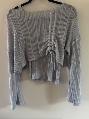 Light Gray Ribbed Knit Crop Top with Drawstring Detail